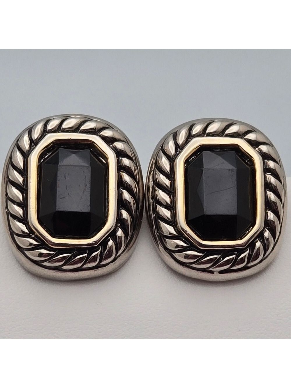 Vintage Silver Tone Black Onyx Clip-On Earrings w/Rope Frame